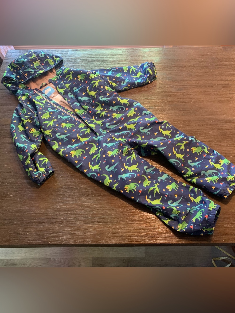 Children's Navy Dinosaur Hooded Rainproof Jumpsuit